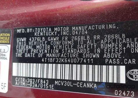 2004 Toyota Camry Le V6 z USA, uszkodzony, nr VIN 4T1BF32K64U077411